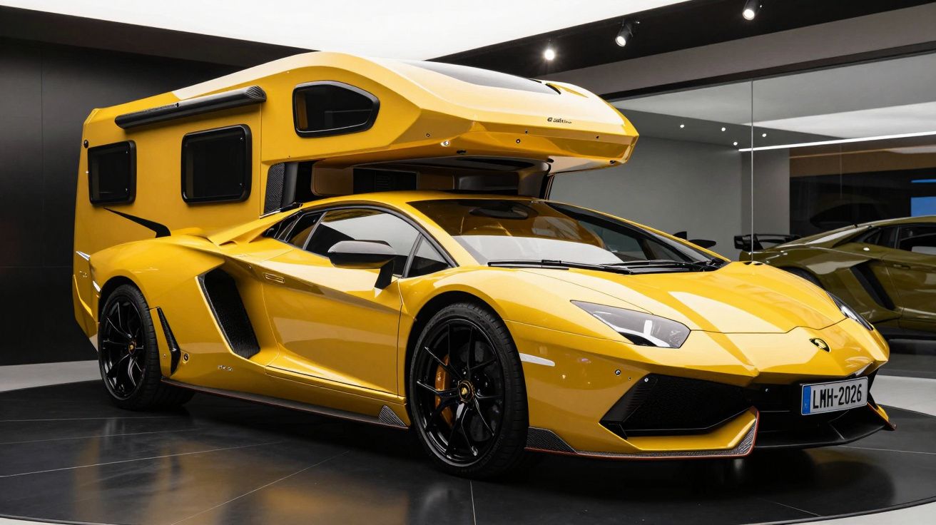 Carro esportivo amarelo com motorhome integrado exibido em ambiente interno moderno.