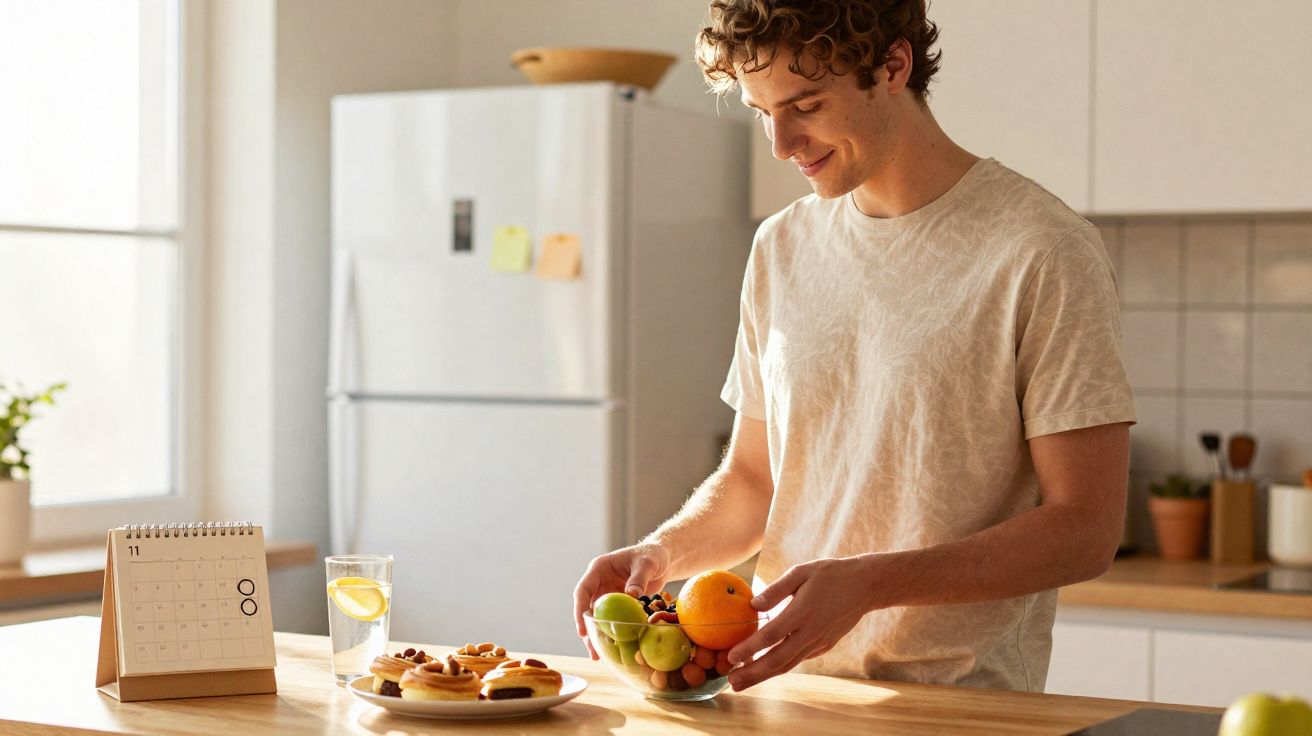 Homem sorrindo segura tigela de frutas na cozinha com calendário e copo d’água com limão na mesa.