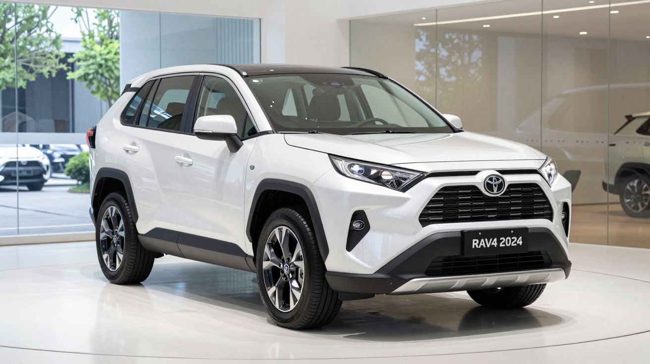 SUV Toyota RAV4 2024 branco exibido em showroom moderno com teto preto e detalhes em preto.