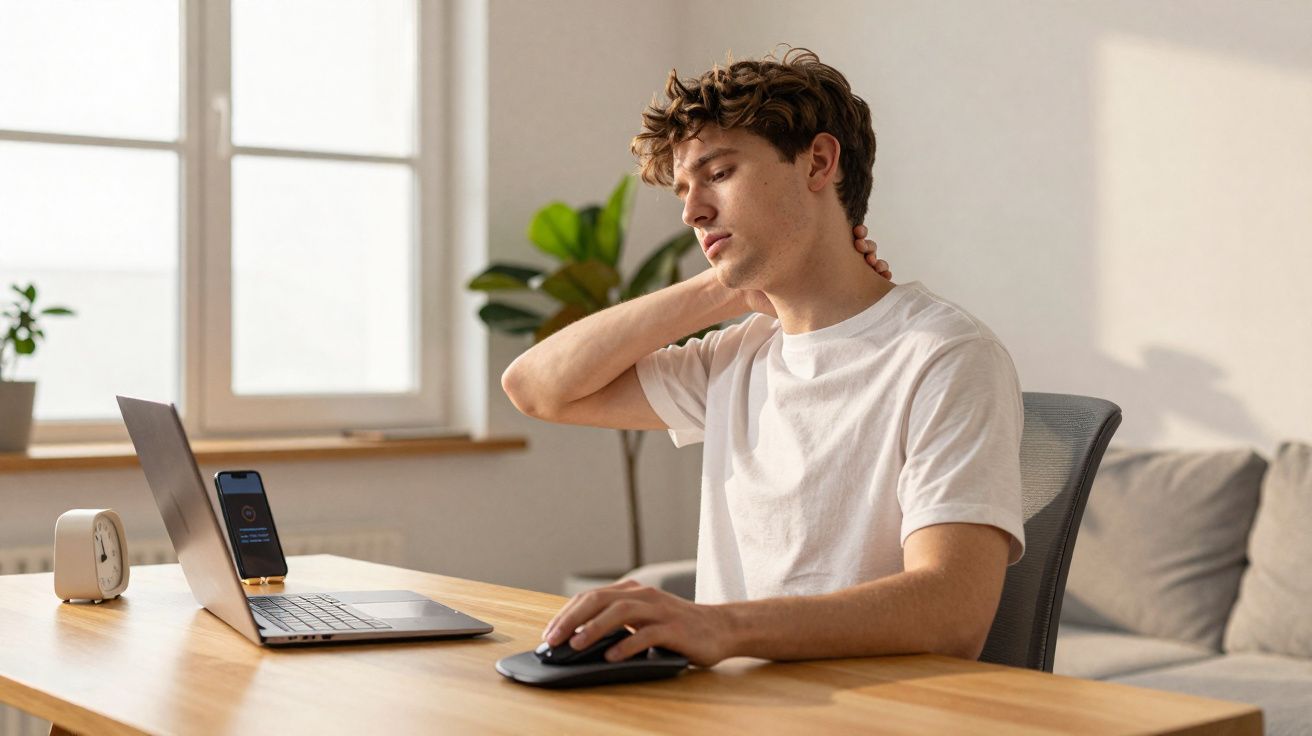 Jovem sentado em escritório em casa, massageando o pescoço enquanto usa laptop e mouse.