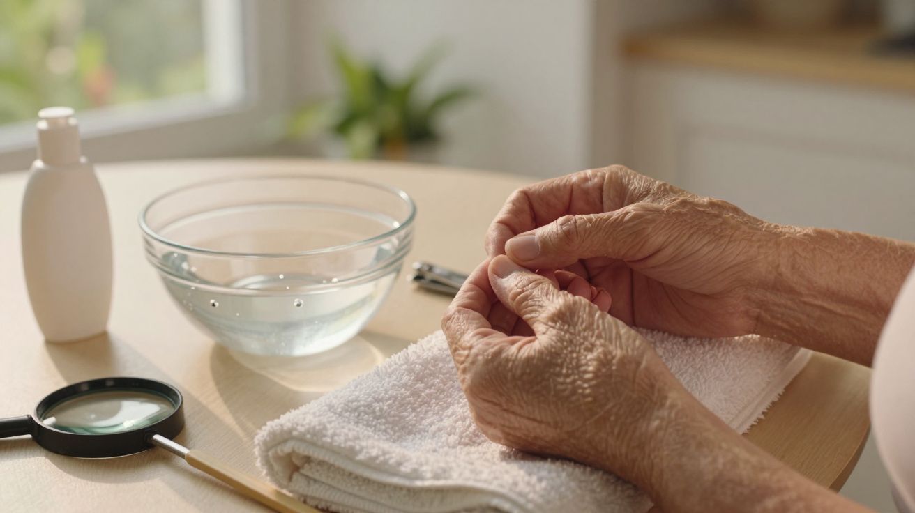 Mãos envelhecidas recebendo cuidados de manicure sobre toalha branca com acessórios ao redor.