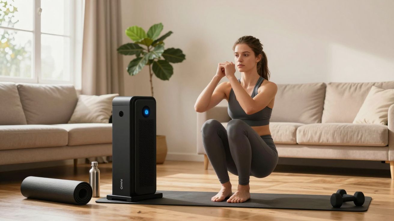 Mulher fazendo agachamento em tapete de yoga na sala, ao lado de aquecedor, pesos e garrafa de água.