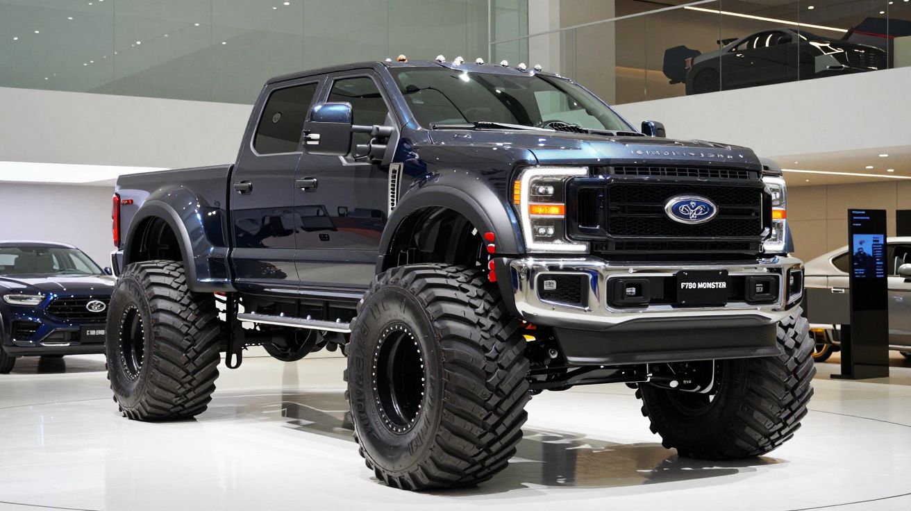 Picape Ford F-750 Monster preta com pneus off-road gigantes em exibição interna.