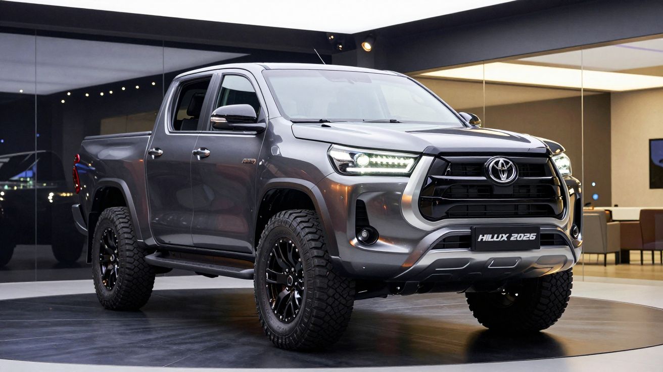 Picape Toyota Hilux 2026 cinza exposta em ambiente interno com iluminação moderna.