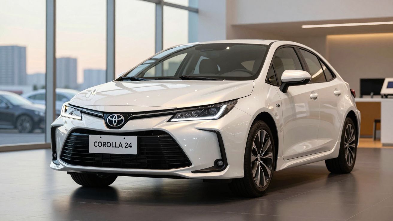 Carro Toyota Corolla 24 branco em exposição dentro de concessionária moderna.