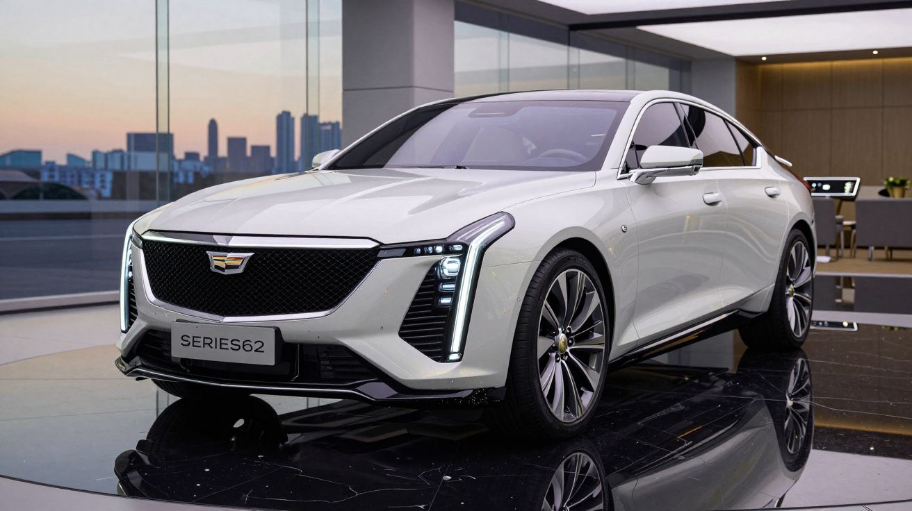 Carro branco Cadillac Series 62 exibido em ambiente moderno com vidros e piso de alto brilho.
