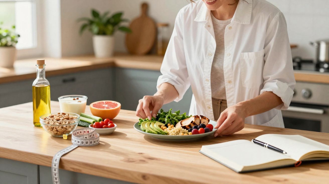 Pessoa arrumando prato com salada, grão-de-bico e frutas em cozinha, com alimentos saudáveis e fita métrica na bancada.