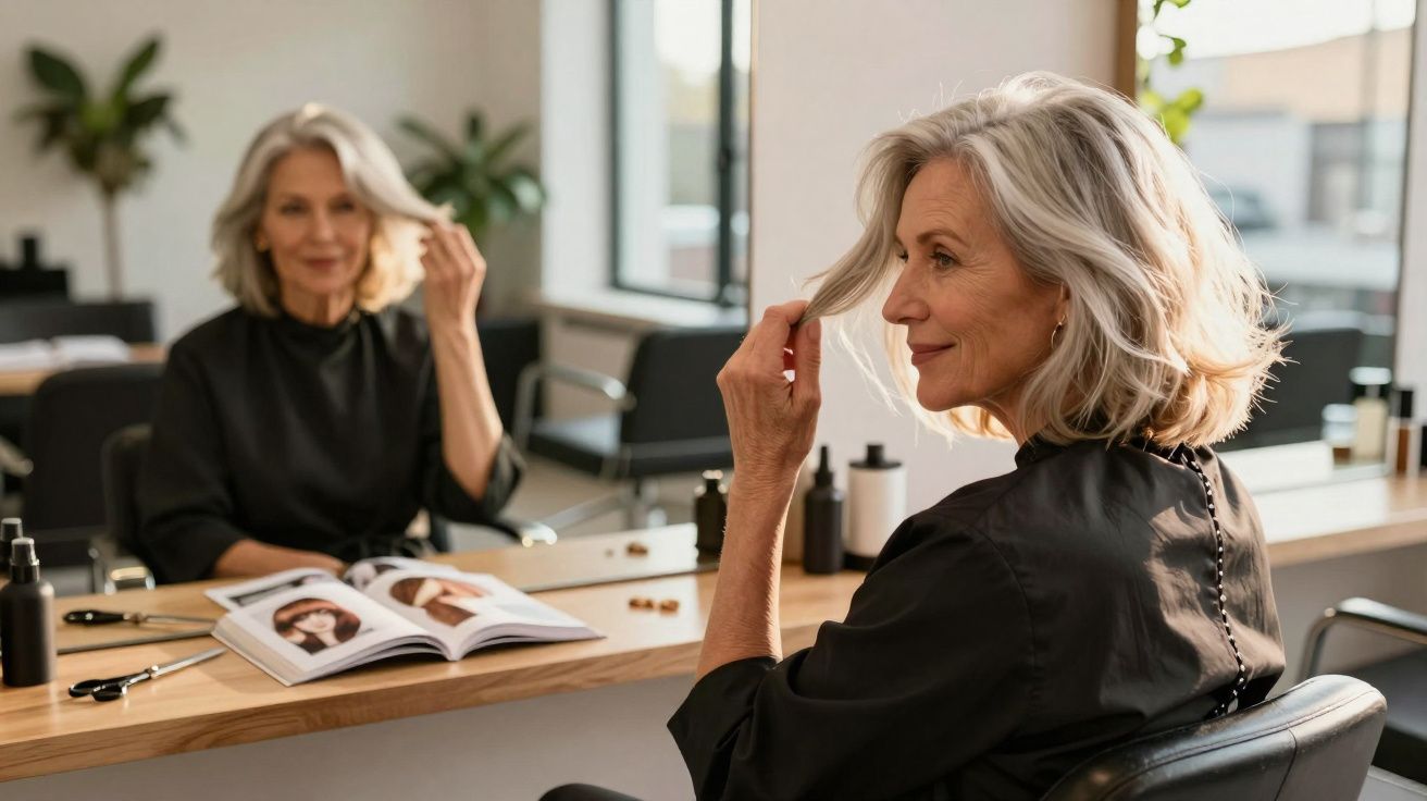 Mulher madura com cabelo grisalho observa seu reflexo no espelho em salão de beleza moderno.