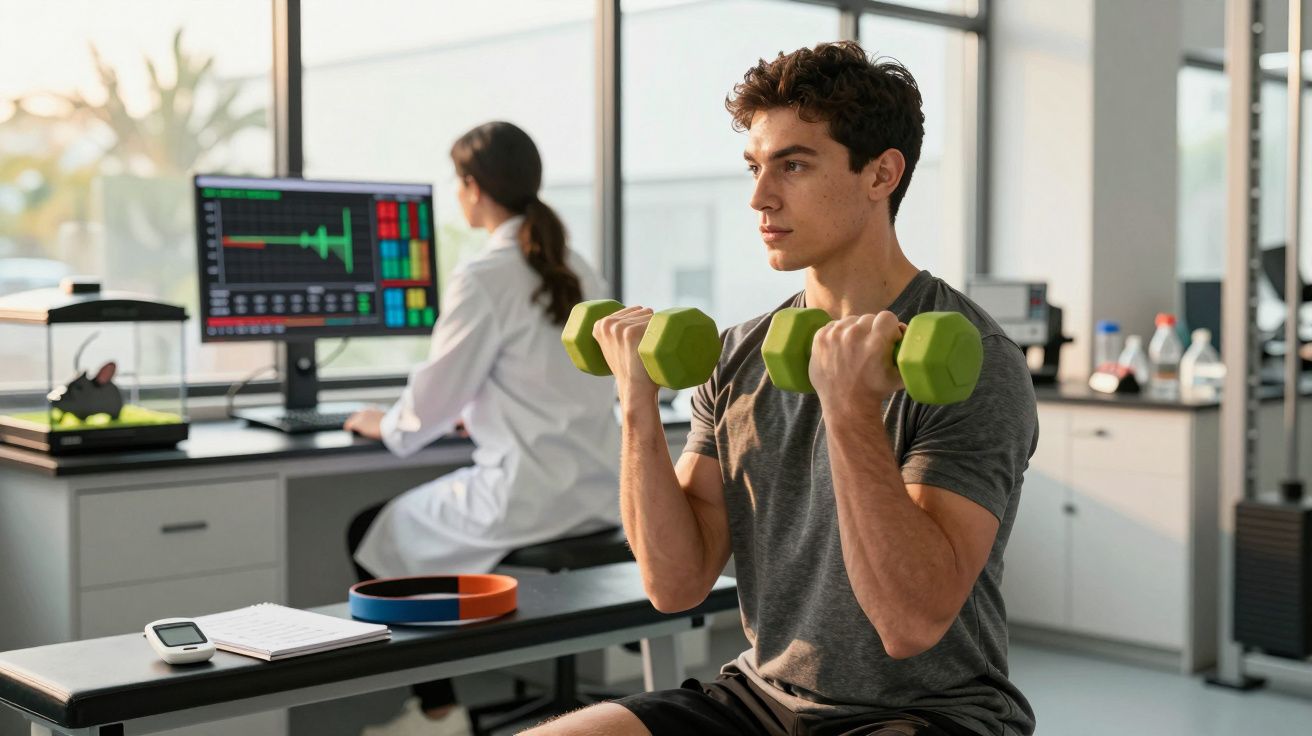 Homem jovem com halteres faz exercícios enquanto cientista monitora dados em laboratório moderno.