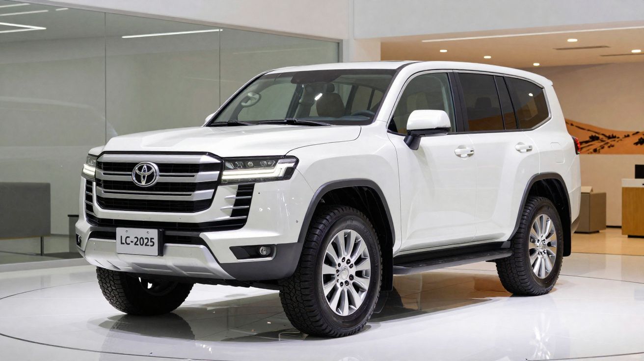 SUV Toyota Land Cruiser 2025 branco exibido em ambiente interno moderno e iluminado.