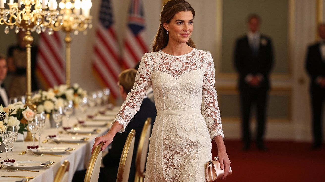 Mulher vestindo vestido branco de renda em salão elegante com mesa posta e bandeiras dos EUA e Reino Unido.