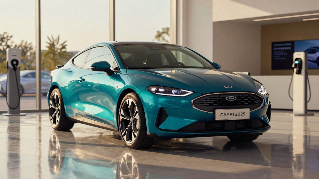 Carro esportivo Ford Capri 2025 azul em exposição interna com estações de recarga ao fundo.