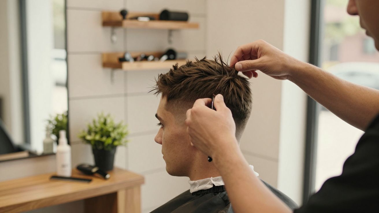 Pessoa recebendo corte de cabelo em salão moderno com decoração minimalista e plantas.
