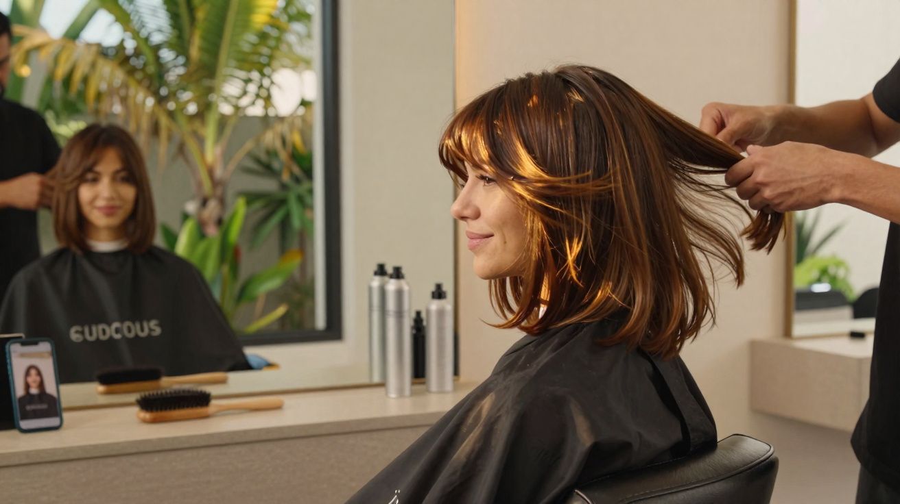 Mulher sorrindo sentada em salão de beleza enquanto cabeleireiro arruma seu cabelo castanho em frente ao espelho.