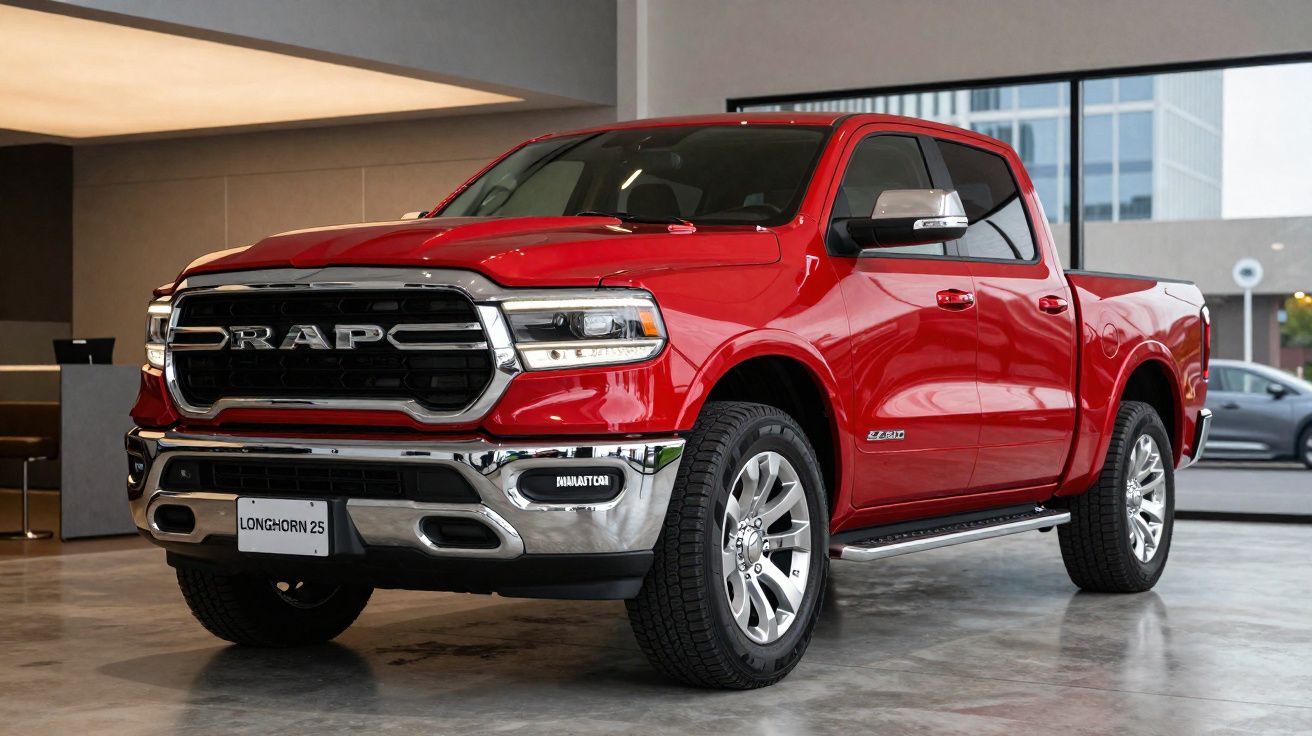 Picape vermelha RAM 2500 Longhorn em ambiente interno com detalhes cromados e rodas grandes.