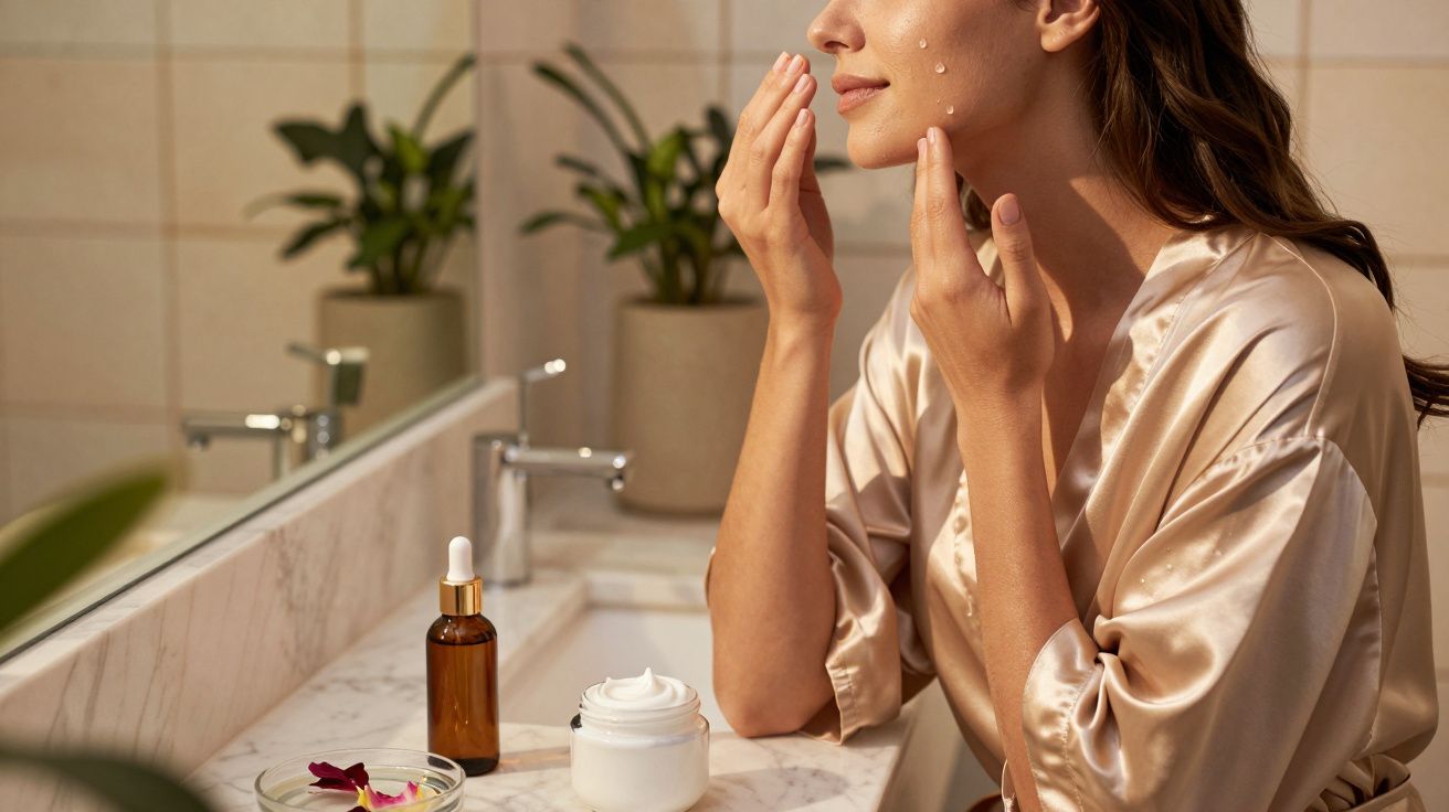 Mulher aplica sérum no rosto no banheiro com frascos de cosméticos sobre a pia e plantas ao fundo.