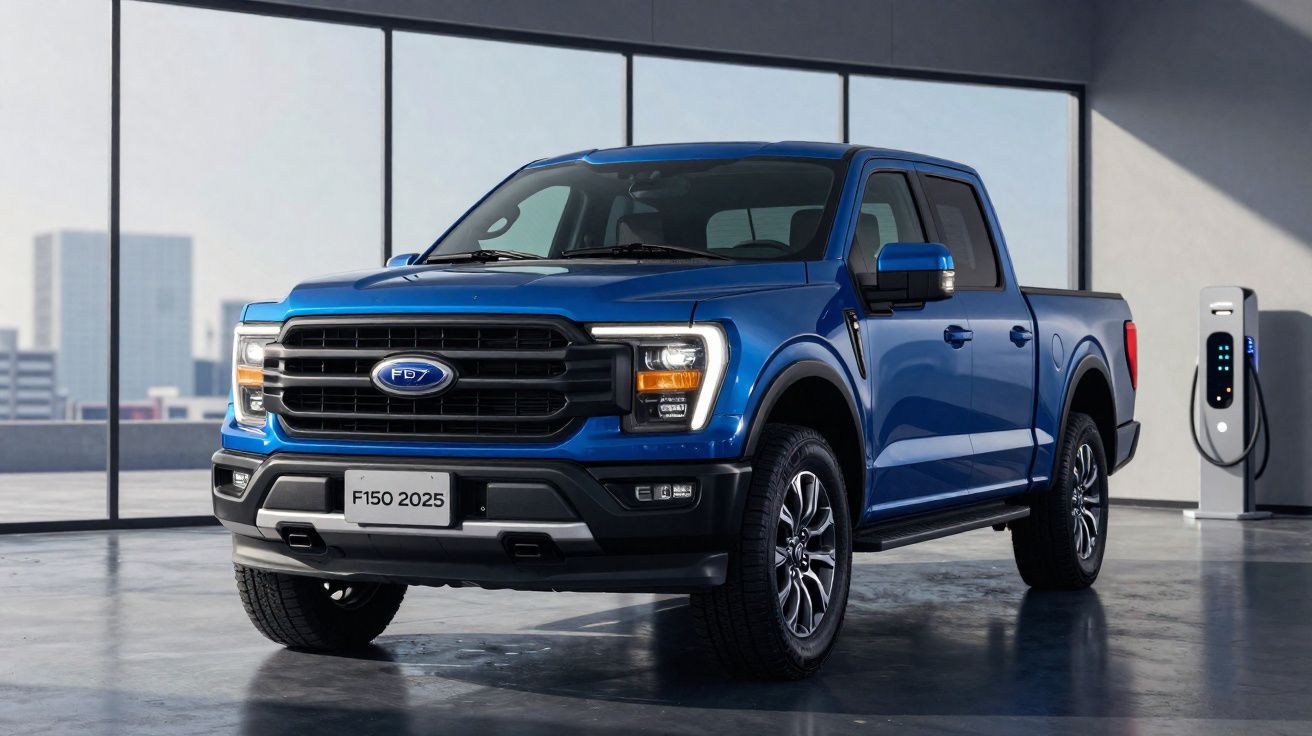 Picape azul Ford F150 2025 estacionada em garagem moderna com carregador elétrico ao fundo.