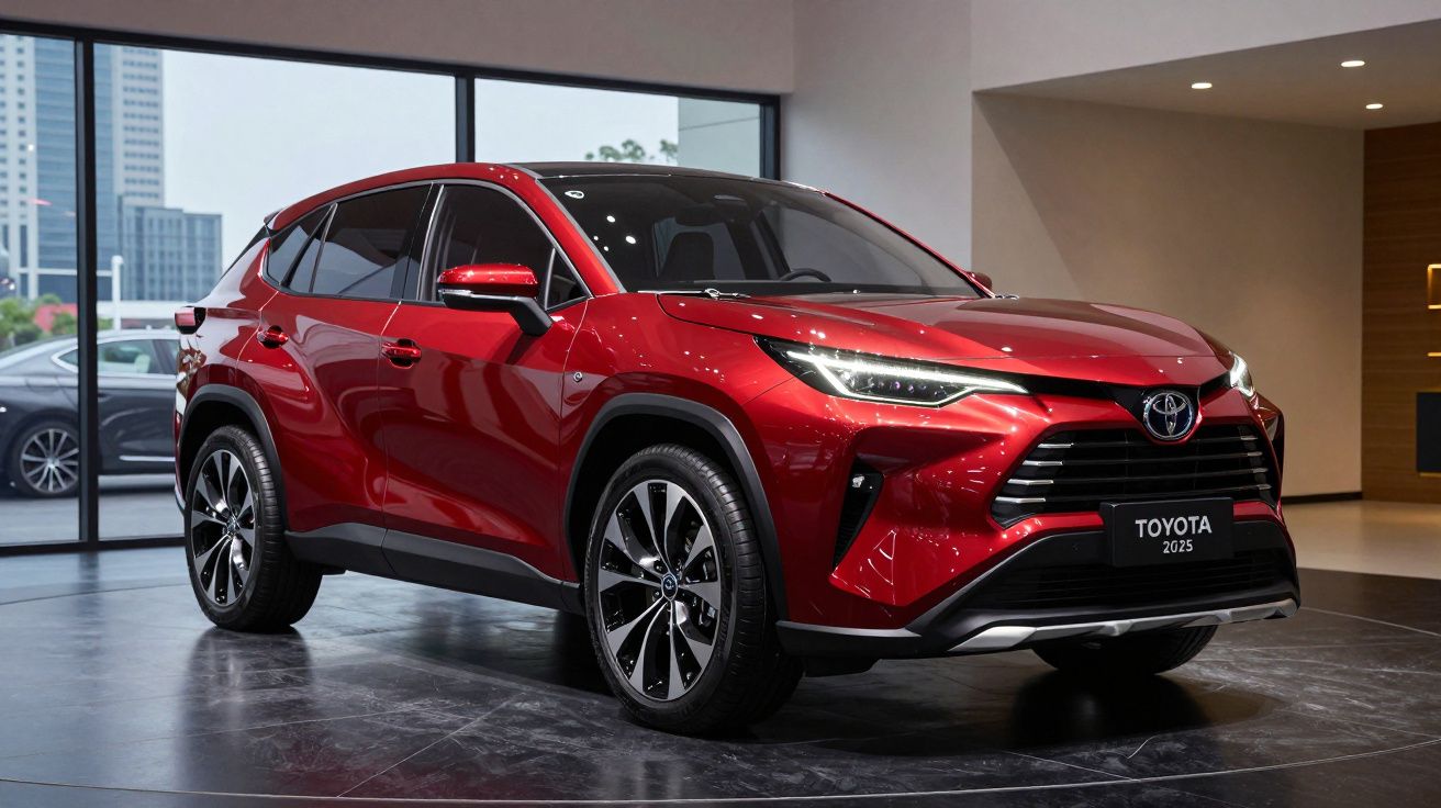 SUV Toyota vermelho 2025 exibido em ambiente interno com luz natural suave e janelas ao fundo.