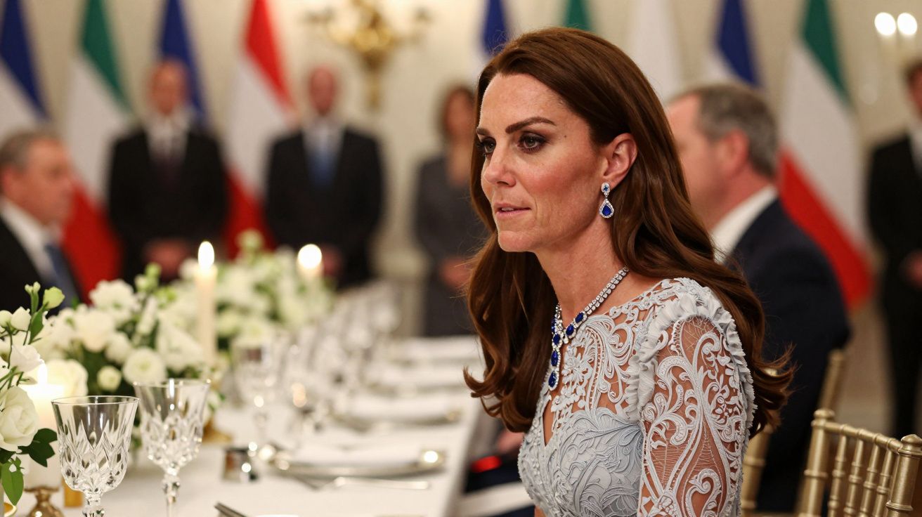Mulher elegante com vestido cinza e joias azuis sentada em jantar formal com decoração de flores brancas.