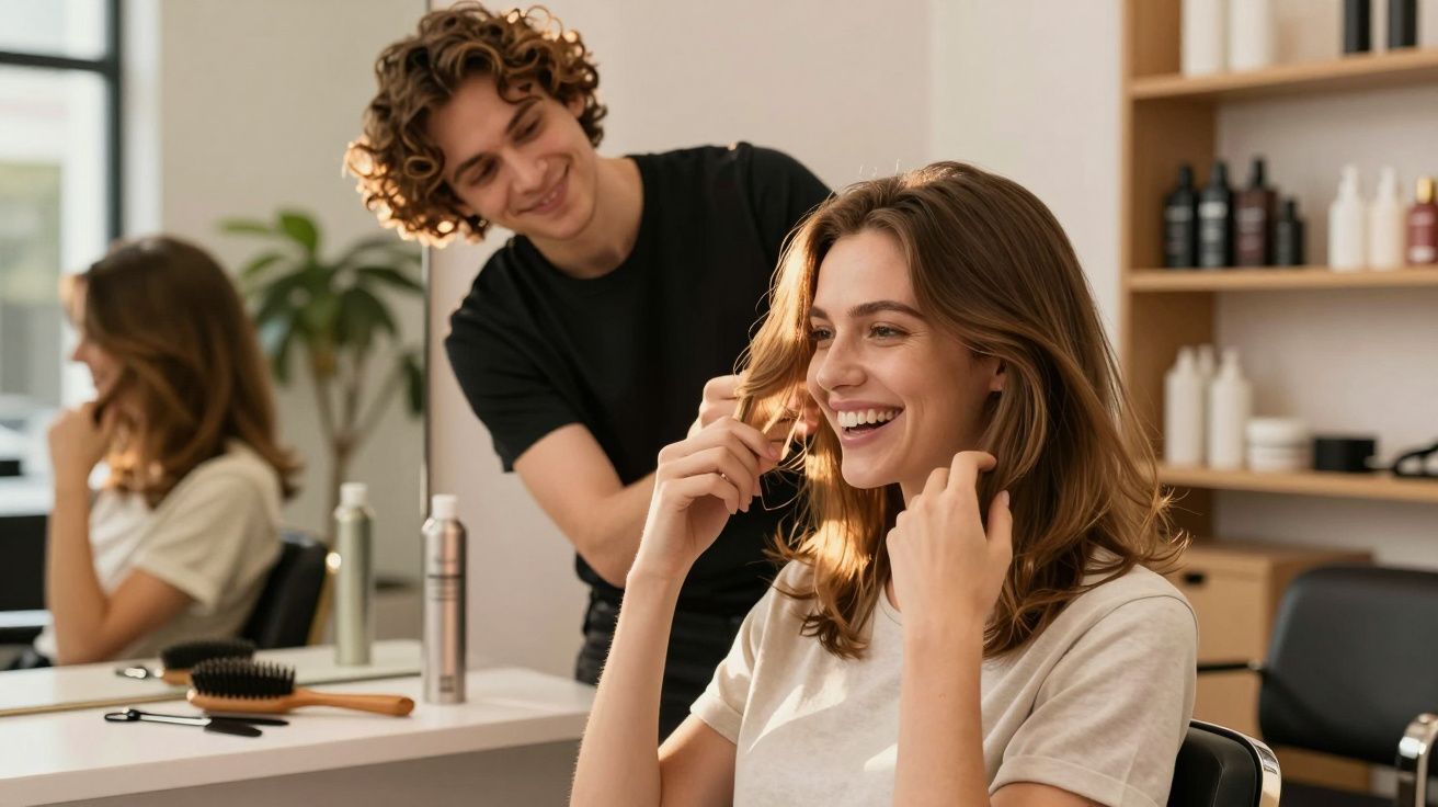 Jovem sorridente recebendo corte de cabelo em salão moderno, enquanto cabeleireiro estiliza seus fios.