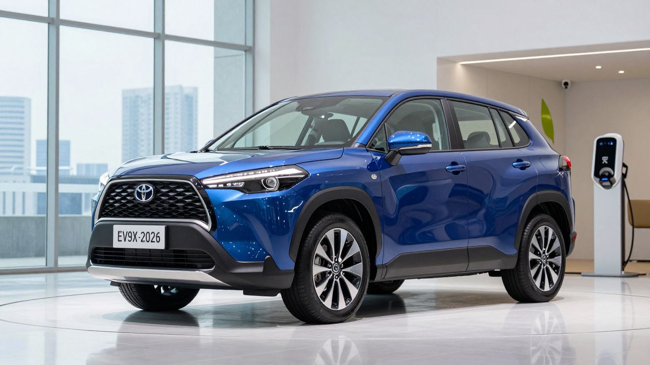 Carro elétrico Toyota Corolla Cross EV azul estacionado em ambiente interno moderno.