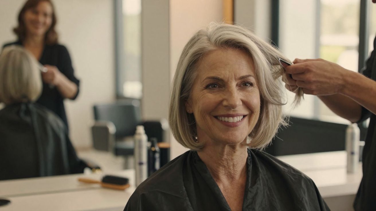 Mulher madura sorridente recebendo corte de cabelo em salão moderno e bem iluminado.