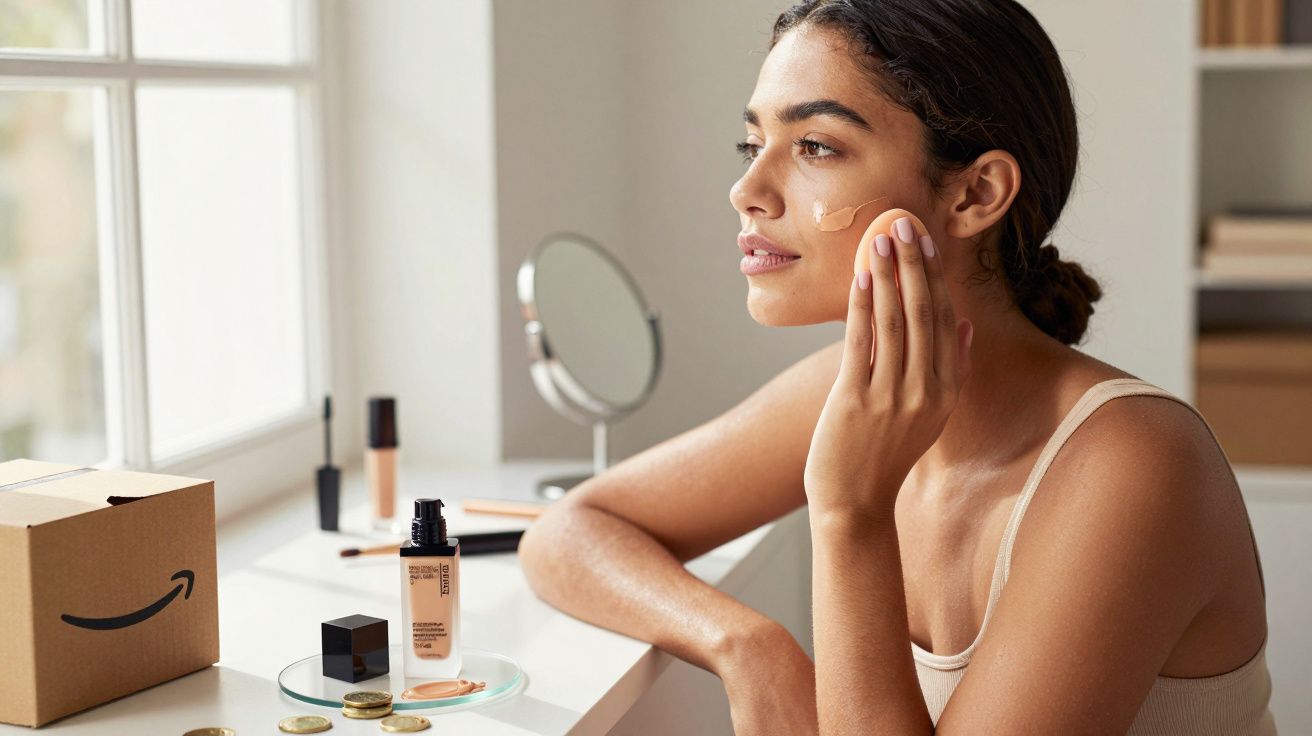 Mulher aplicando maquiagem no rosto sentada à mesa com produtos de beleza e caixa da Amazon.