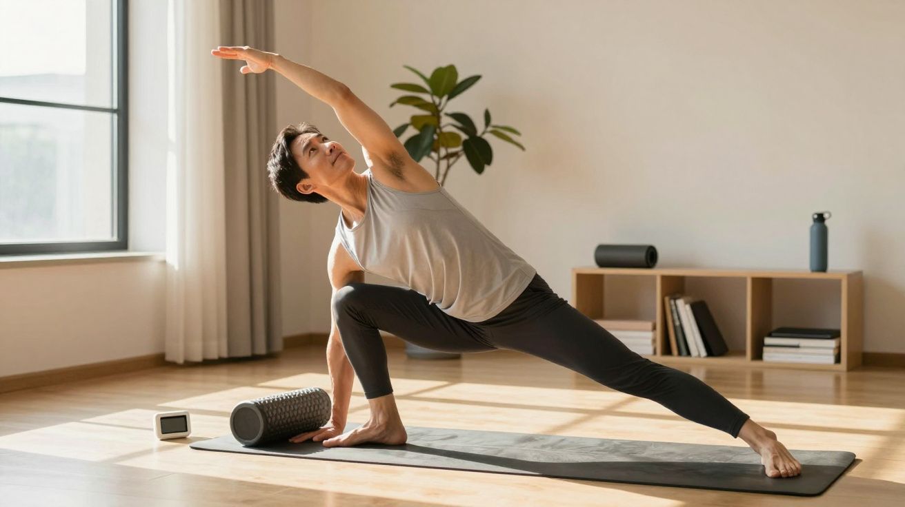 Homem fazendo alongamento lateral na sala iluminada, com tapete de yoga e rolo de espuma.