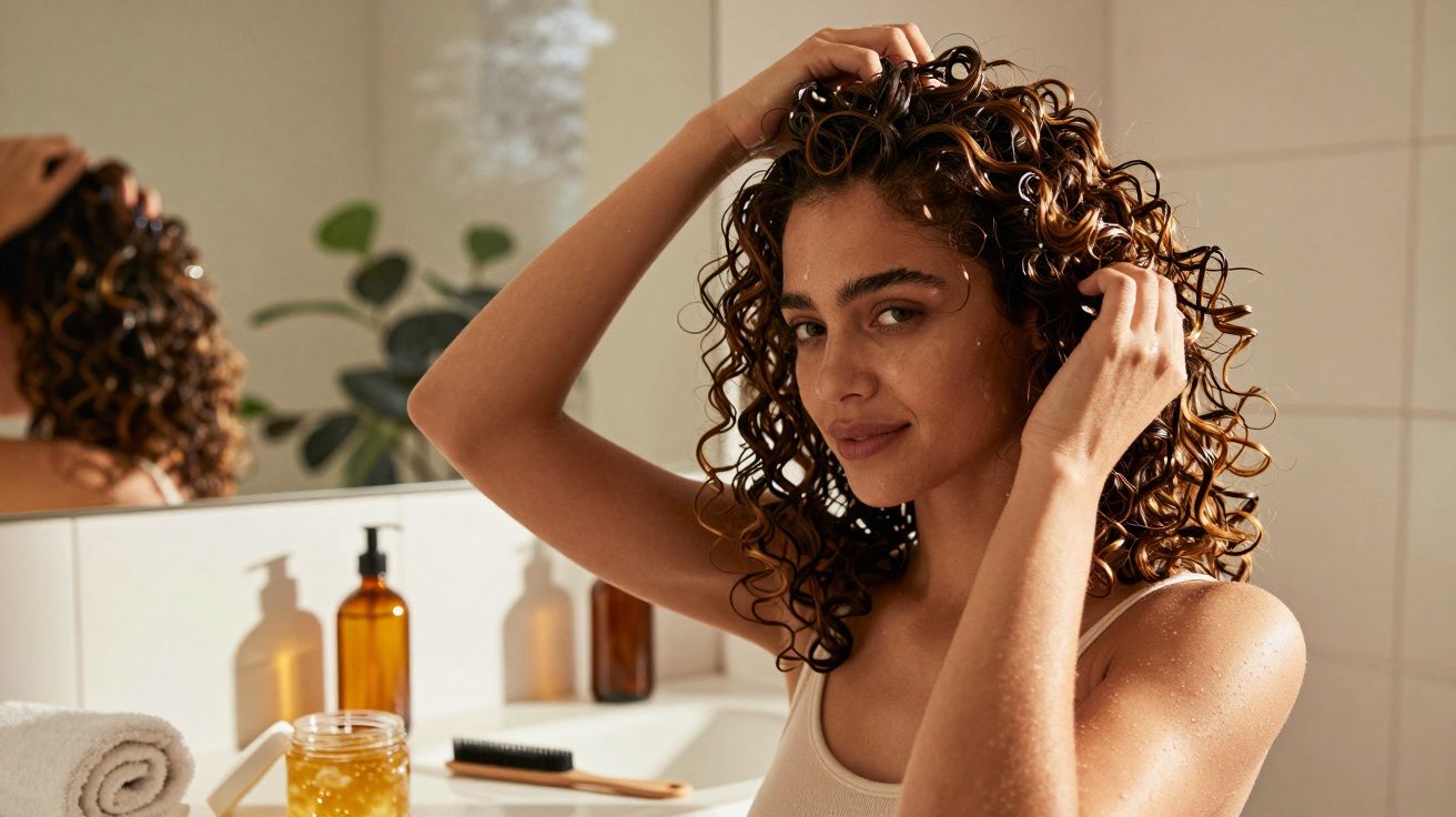 Mulher com cabelos cacheados molhados arrumando o cabelo em banheiro com produtos e toalha ao fundo.