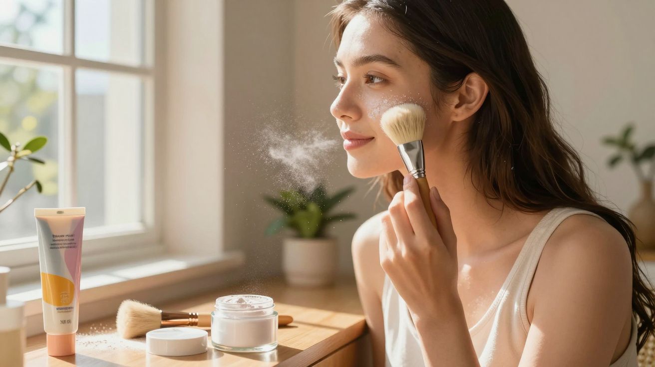 Mulher aplicando pó facial com pincel em ambiente iluminado próximo à janela e produtos de maquiagem sobre a mesa.