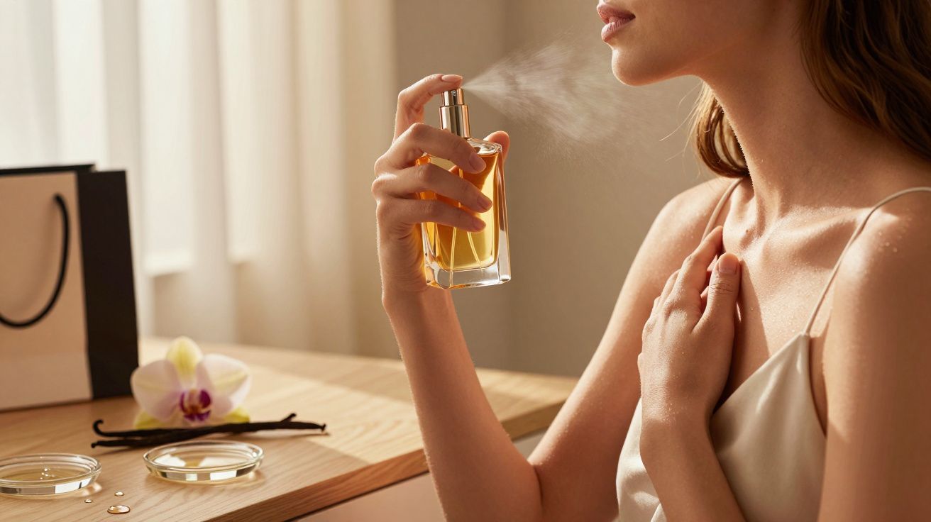 Mulher aplicando perfume no pescoço em ambiente iluminado com mesa, orquídea e sachês ao fundo.