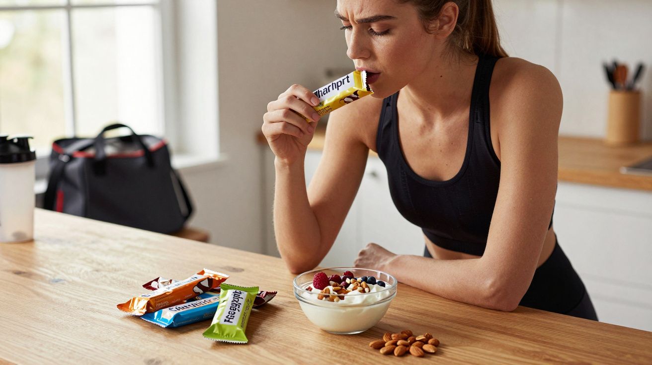 Mulher em roupa esportiva comendo barra de cereal na cozinha, com iogurte e amêndoas na mesa.