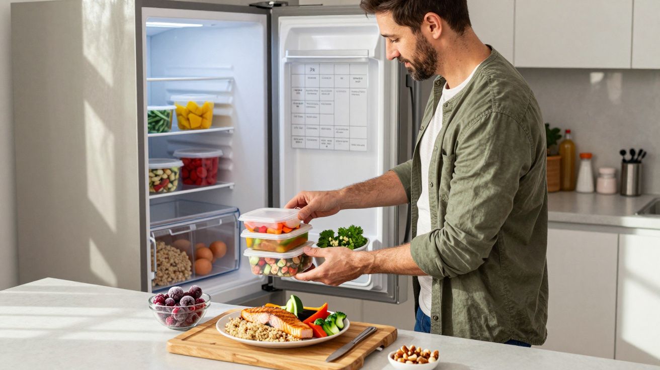 Homem organizando potes com comida saudável em frente à geladeira aberta na cozinha moderna.