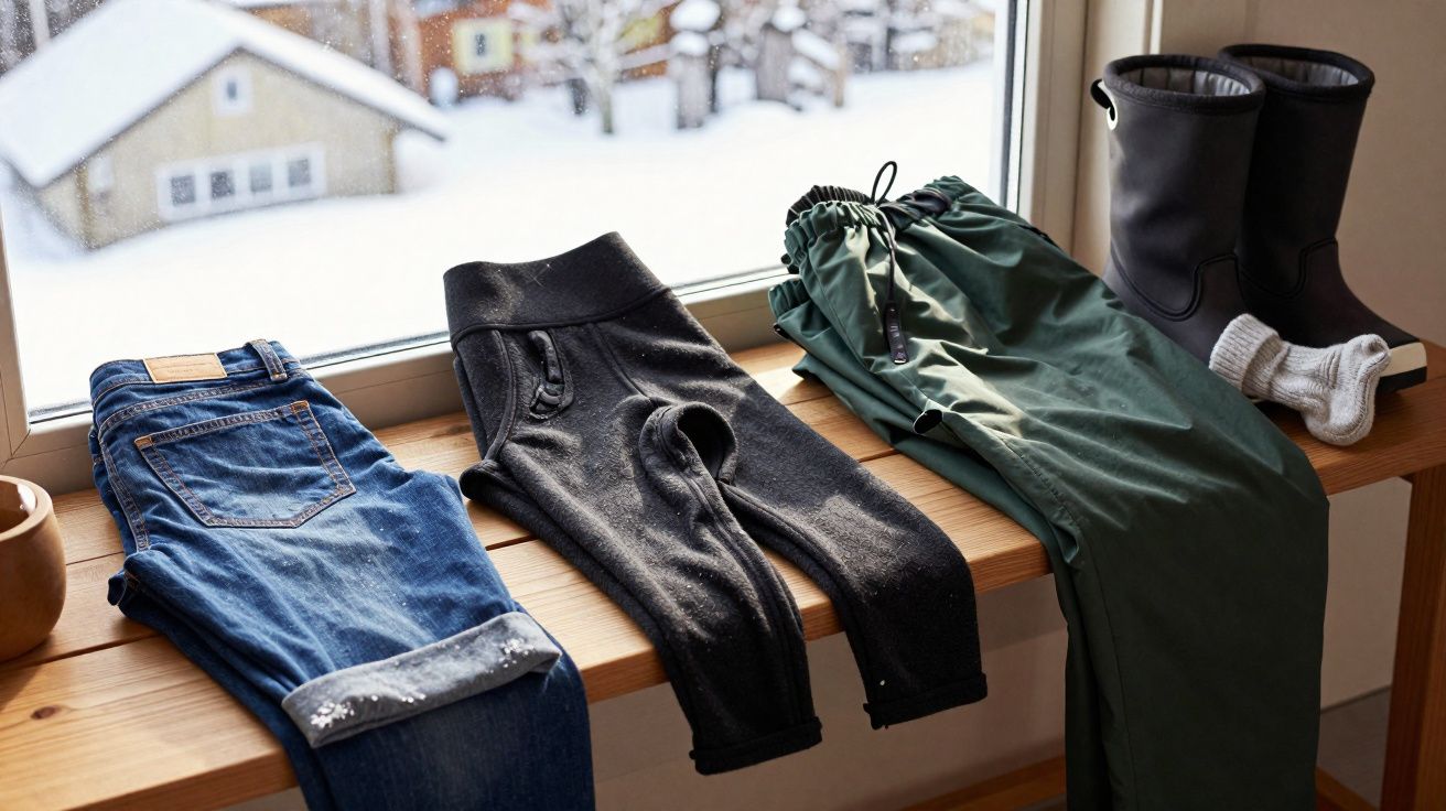 Calças jeans, leggings, calça impermeável, botas e meias para frio sobre banco de madeira junto à janela.