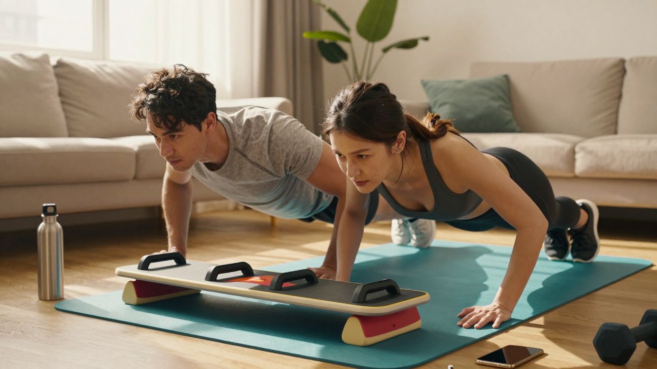 Casal fazendo flexões juntos em tapete de exercício em sala de estar iluminada.