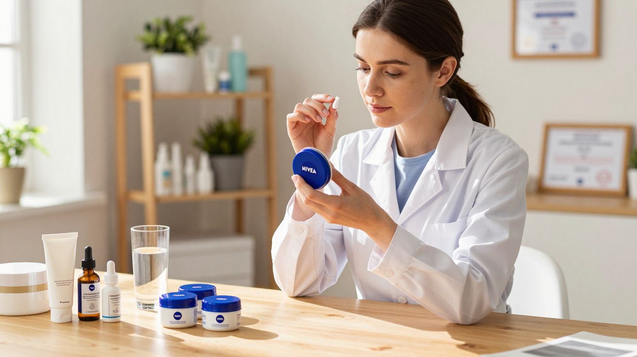 Mulher de jaleco branco analisando embalagem de creme Nivea em mesa com produtos cosméticos.