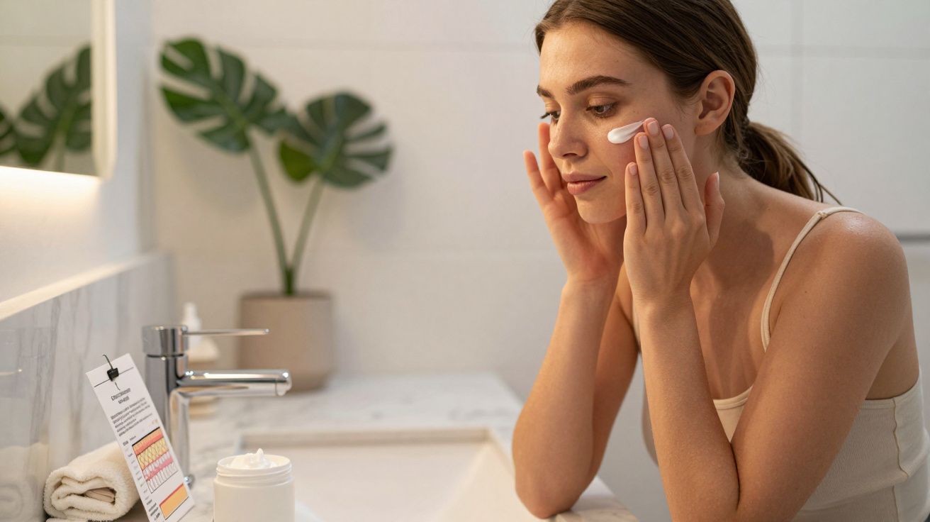 Mulher aplicando creme hidratante no rosto em banheiro moderno com decoração minimalista.