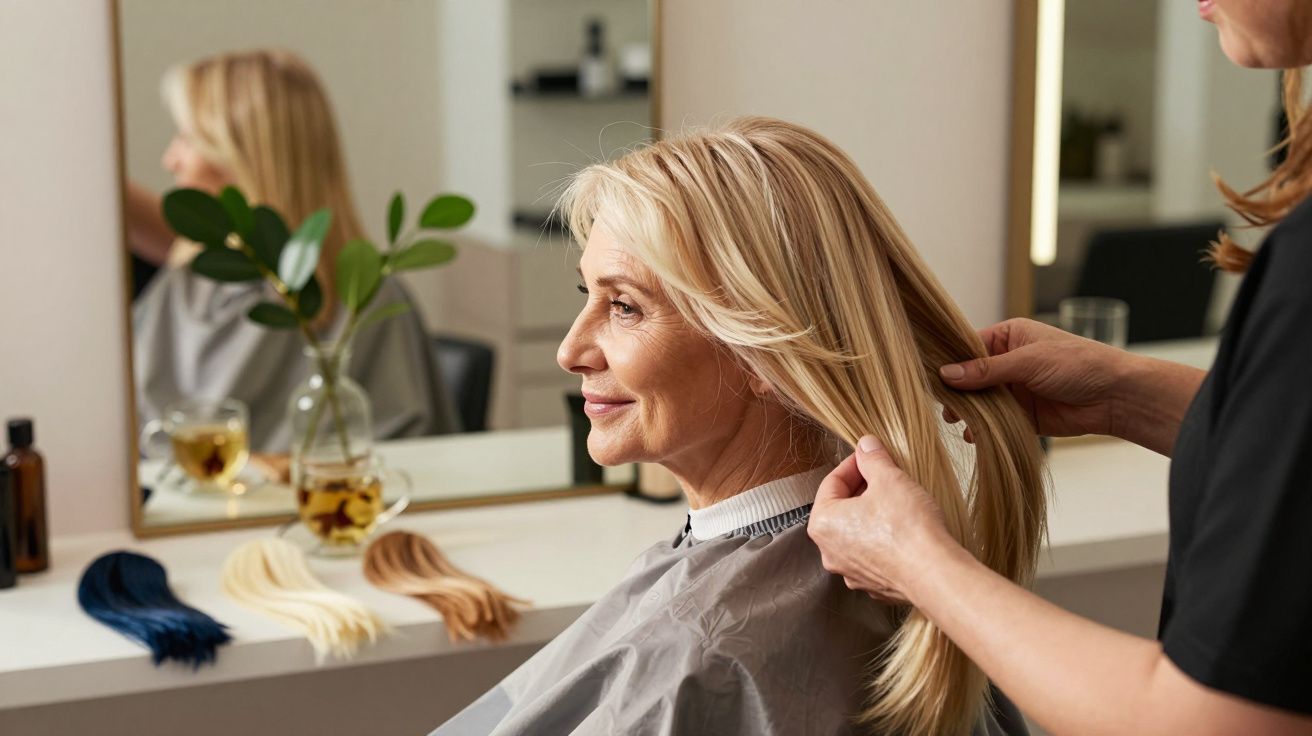Mulher loira sorrindo recebendo cuidado de cabelo em salão de beleza com espelho e amostras de mechas.