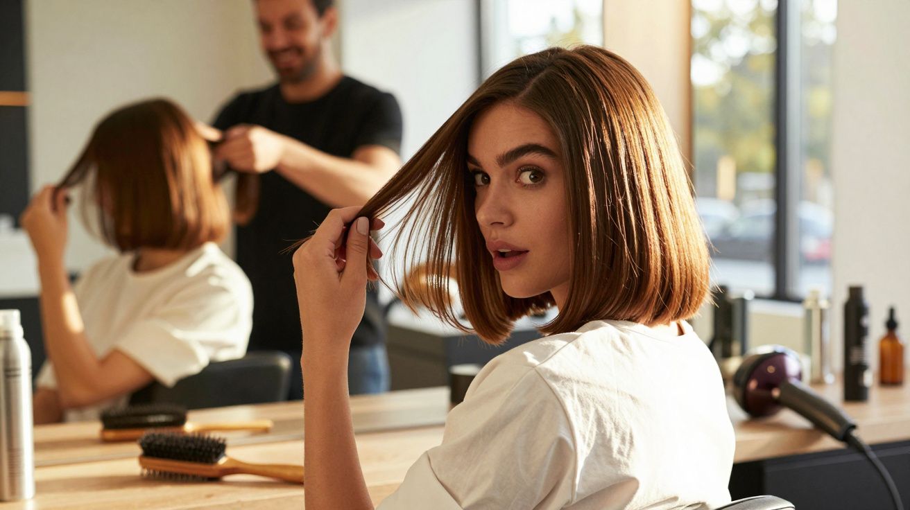 Mulher com cabelo curto loiro castanho sentado em salão de beleza enquanto estilista prepara seu cabelo.