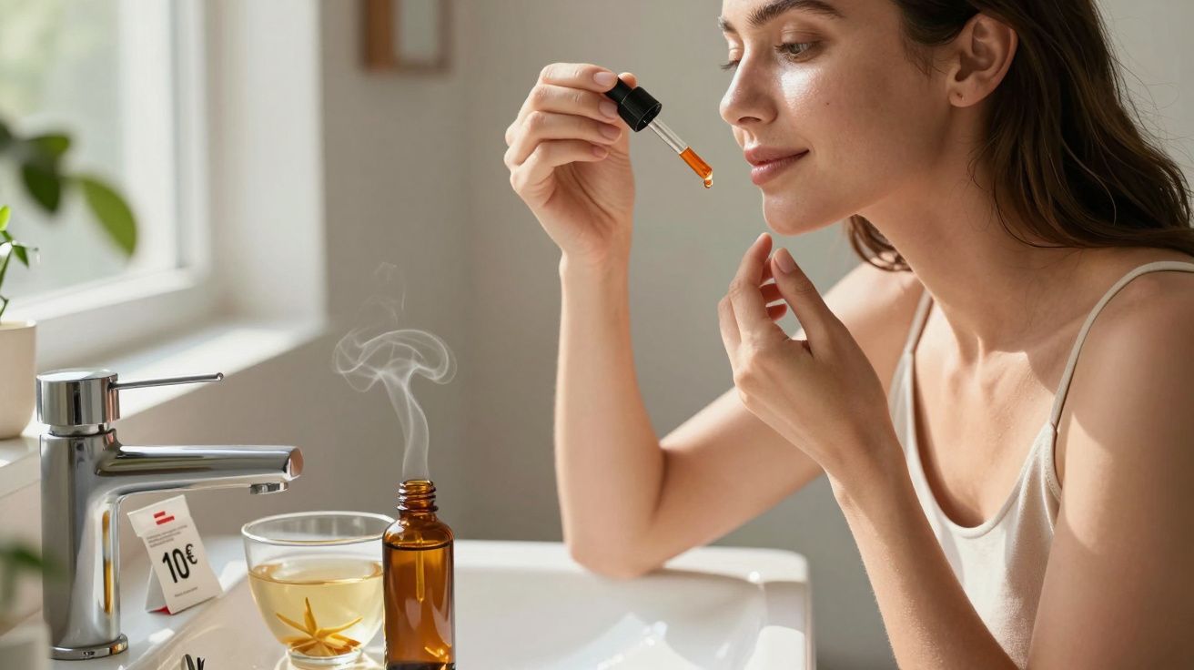 Mulher aplicando sérum facial com conta-gotas em banheiro iluminado por luz natural.