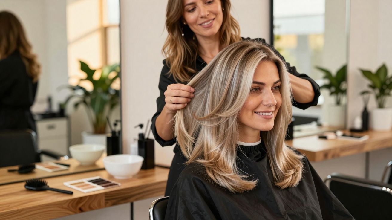 Mulher sorrindo é atendida por cabeleireira que arruma seu cabelo loiro em salão moderno.