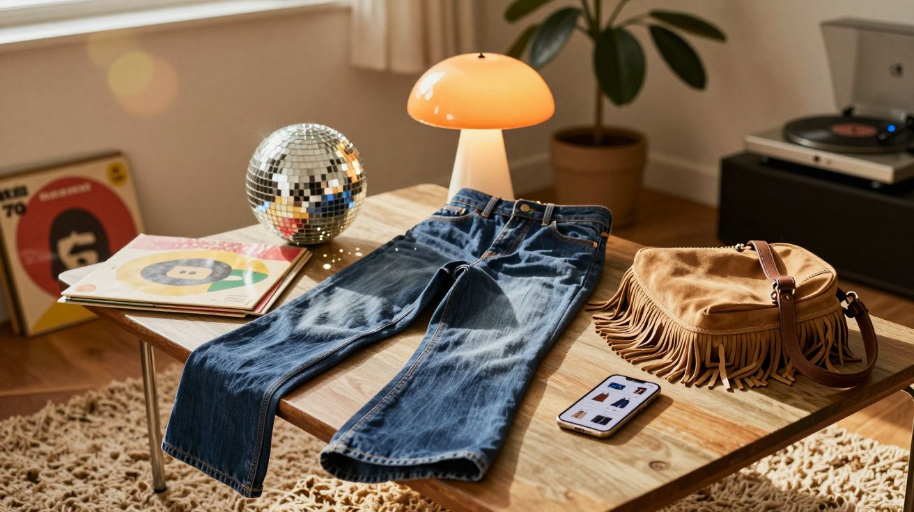 Jeans dobrada sobre mesa de madeira com bolsa de franjas, disco de espelhos, vitrola e lâmpada amarela.