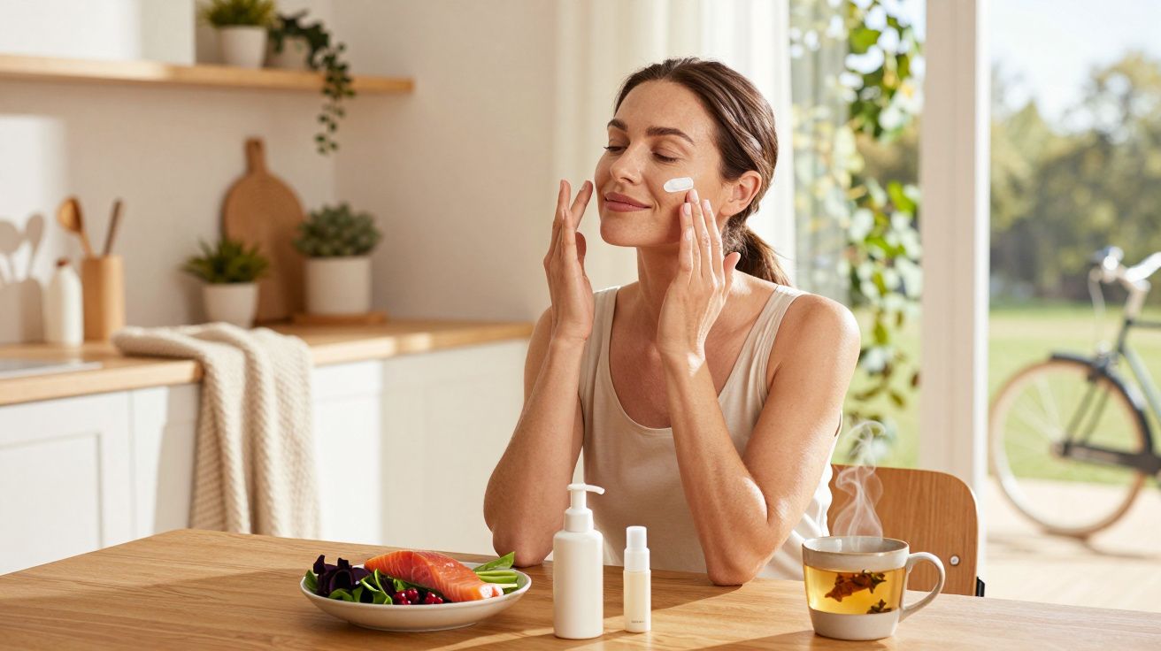 Mulher aplicando creme no rosto sentada à mesa com prato de comida saudável e xícara de chá fumegante.