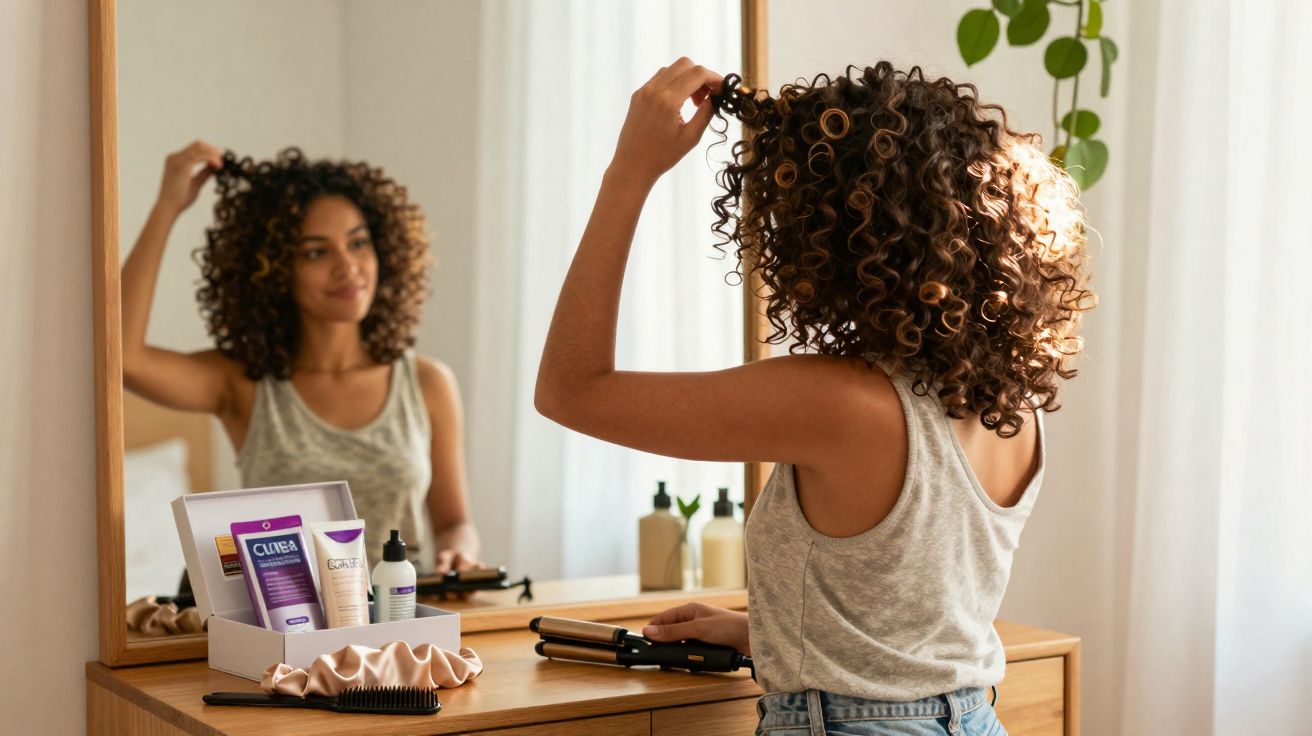 Mulher loira encaracolada arrumando o cabelo na frente do espelho em cômodo iluminado.