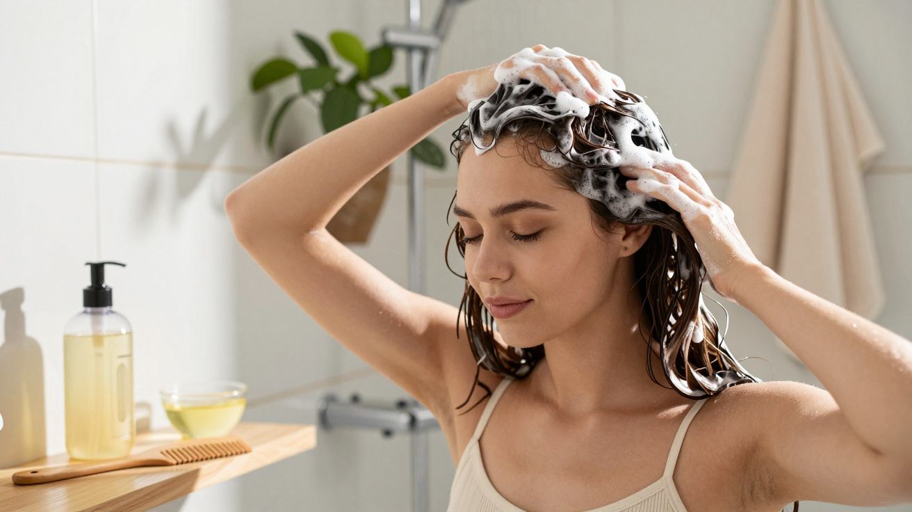 Mulher lavando o cabelo com shampoo e espuma no banheiro, olhos fechados e expressão relaxada.