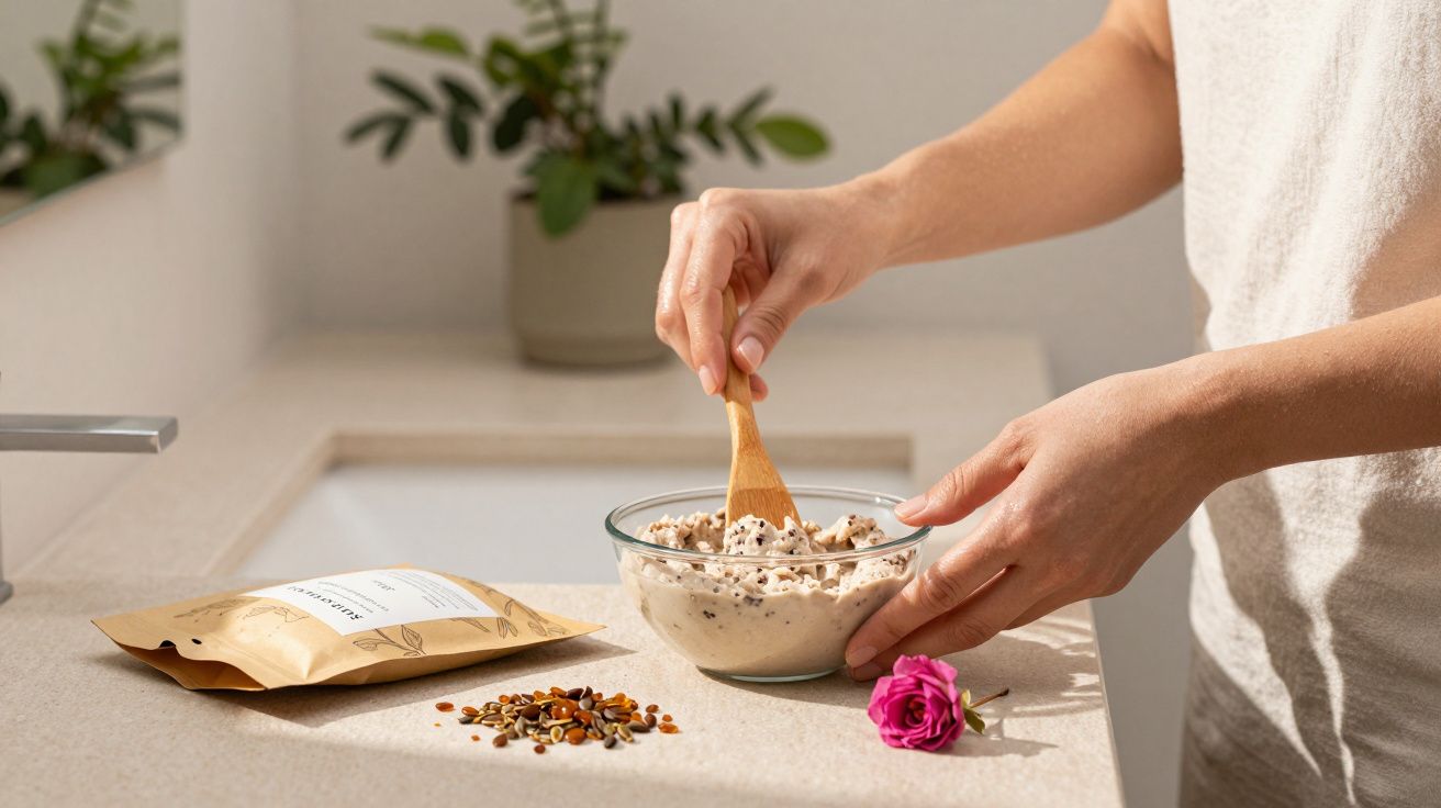 Mãos misturando creme com sementes em uma tigela de vidro sobre balcão com rosa e pacote.