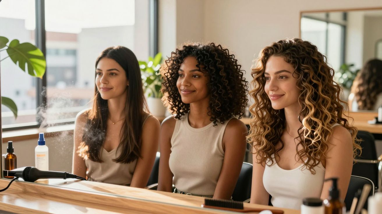 Três mulheres sentadas em cadeira de salão de beleza, sorrindo e olhando para o espelho.