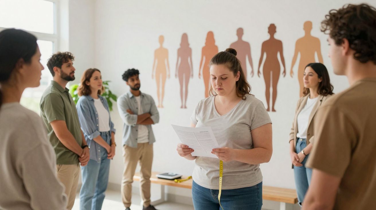 Grupo diverso em sala observa mulher com fita métrica lendo documento sobre corpo humano.