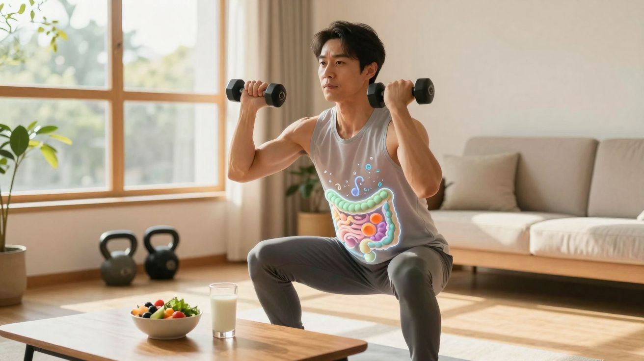 Homem fazendo agachamento com halteres em sala, destacando ilustração do sistema digestivo no abdômen.
