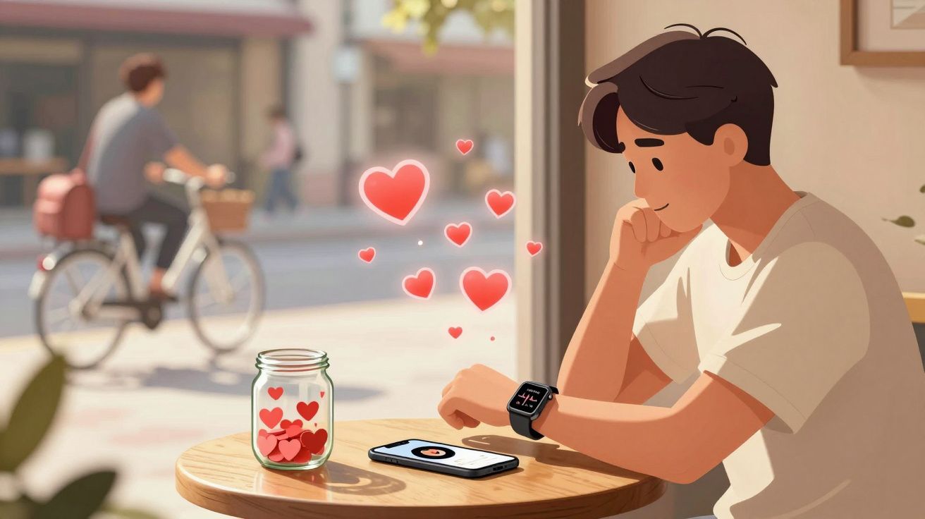 Jovem sentado em café olhando para celular e pote com corações flutuando em um dia ensolarado.